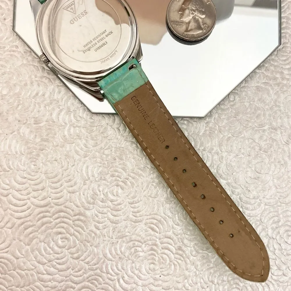 Guess Crystal Accented Bezel and Dial Large Face Watch with Leather Strap
